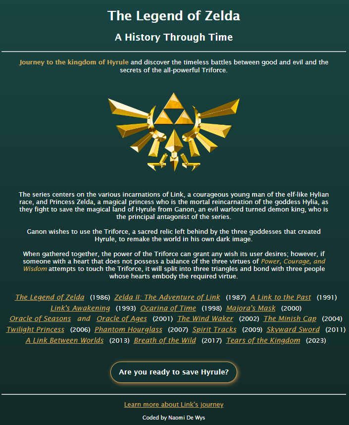 Legend of Zelda landing page