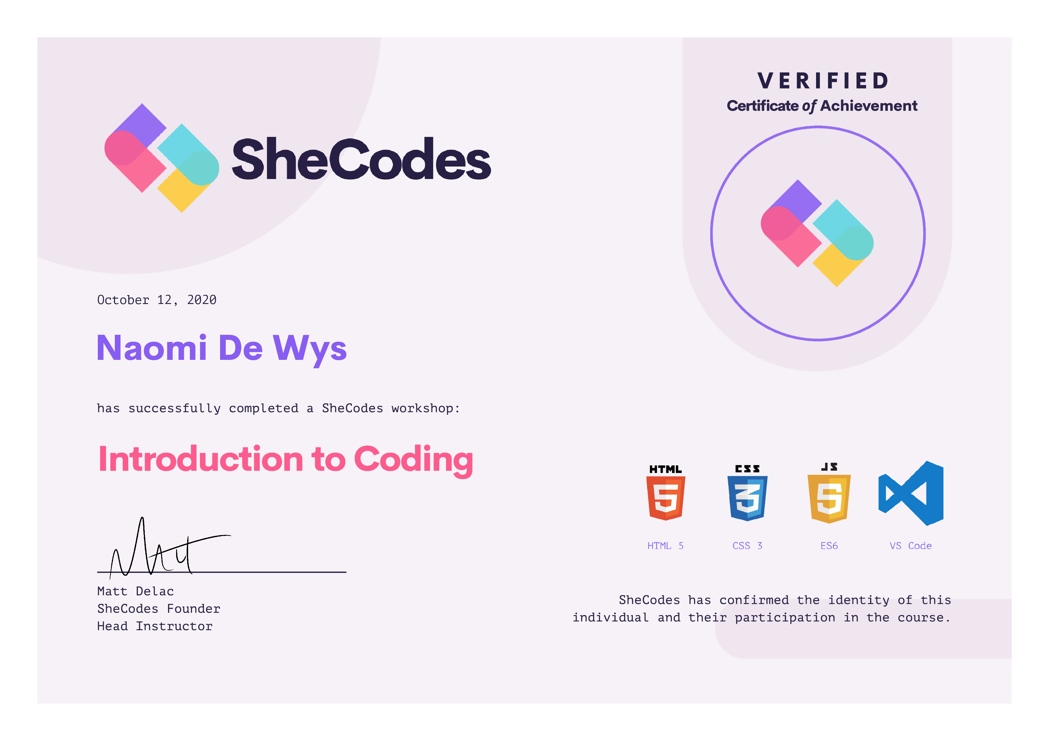 SheCodes Basic certificate