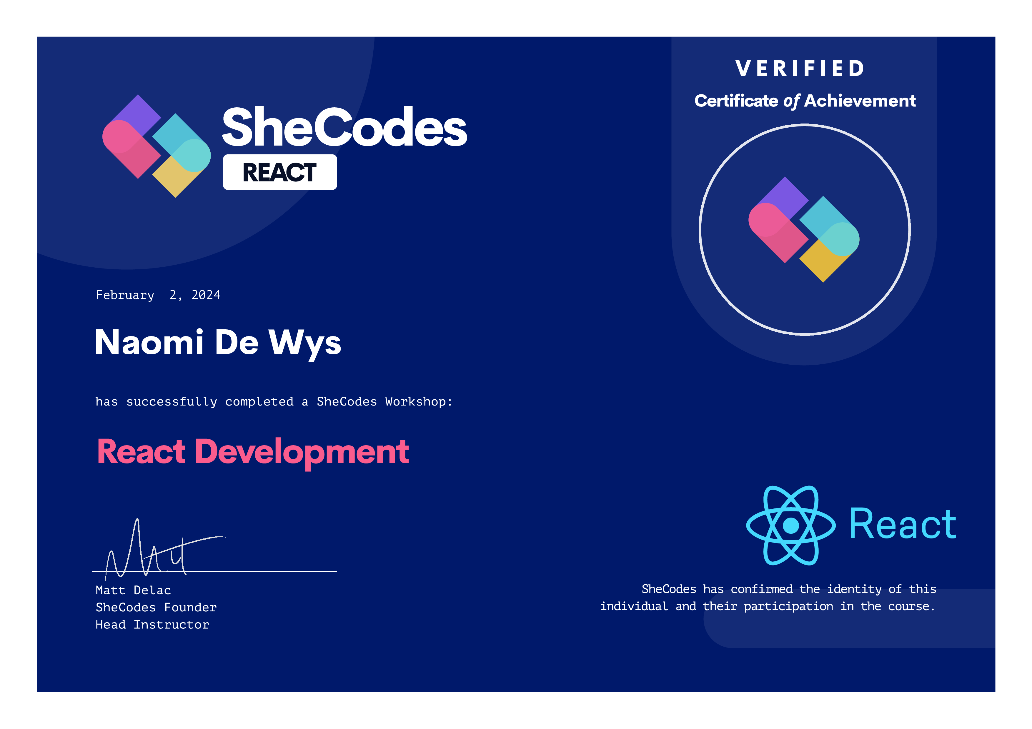 SheCodes React certificate