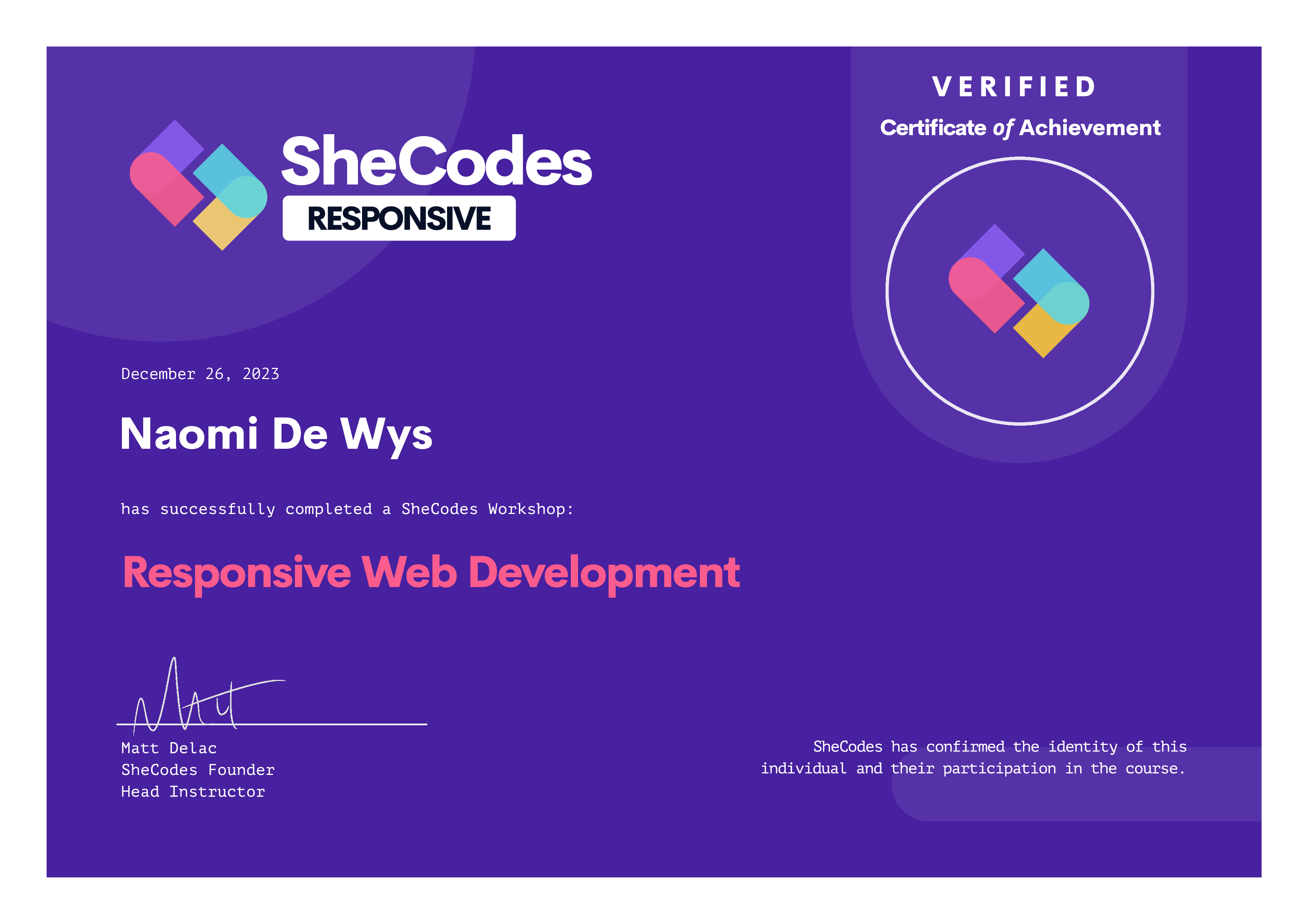 SheCodes Responsive certificate